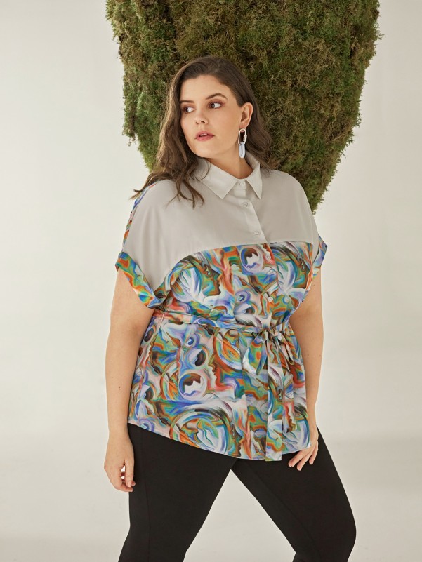 Plus Marble Print Roll Up Sleeve Belted Blouse