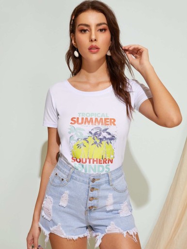 Letter And Tropical Print Tee