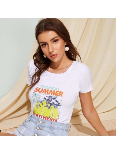 Letter And Tropical Print Tee