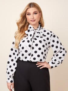 Plus Tie Neck Polka Dot Blouse