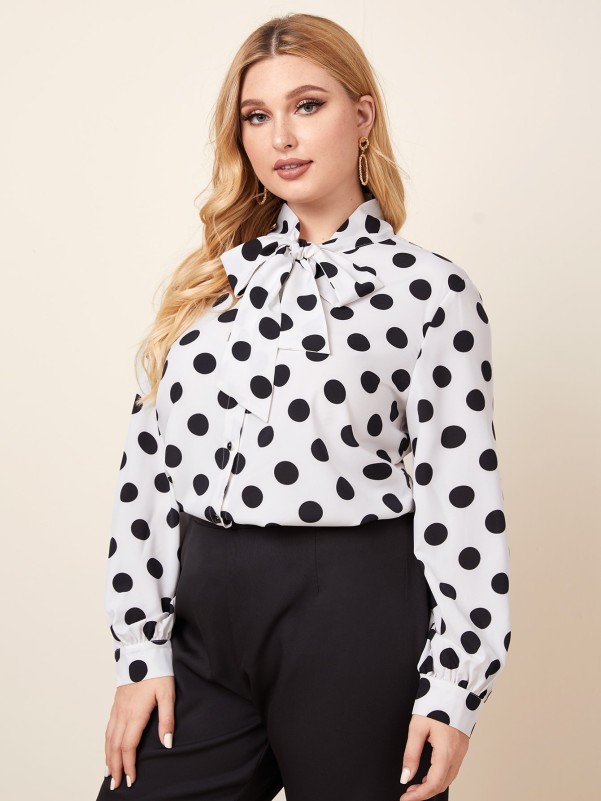 Plus Tie Neck Polka Dot Blouse