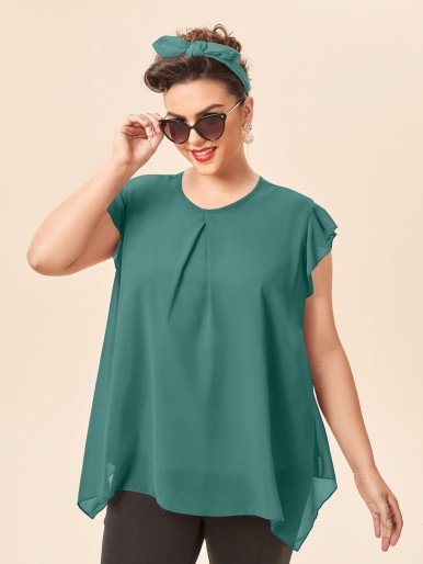 Plus Keyhole Back Solid Chiffon Blouse