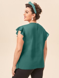 Plus Keyhole Back Solid Chiffon Blouse