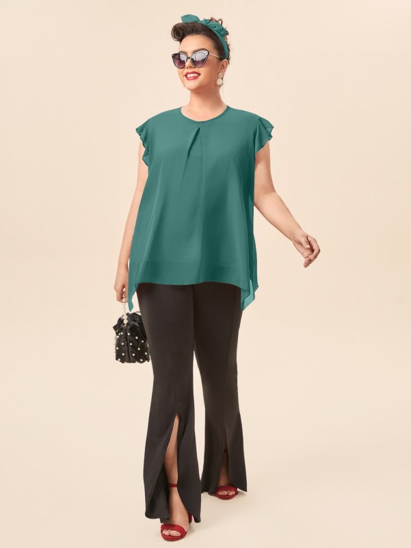 Plus Keyhole Back Solid Chiffon Blouse