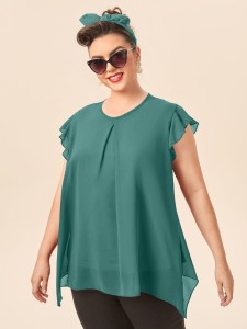 Plus Keyhole Back Solid Chiffon Blouse