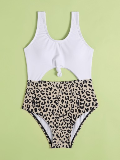 Girls Leopard Cut-out One Piece Swimsuit