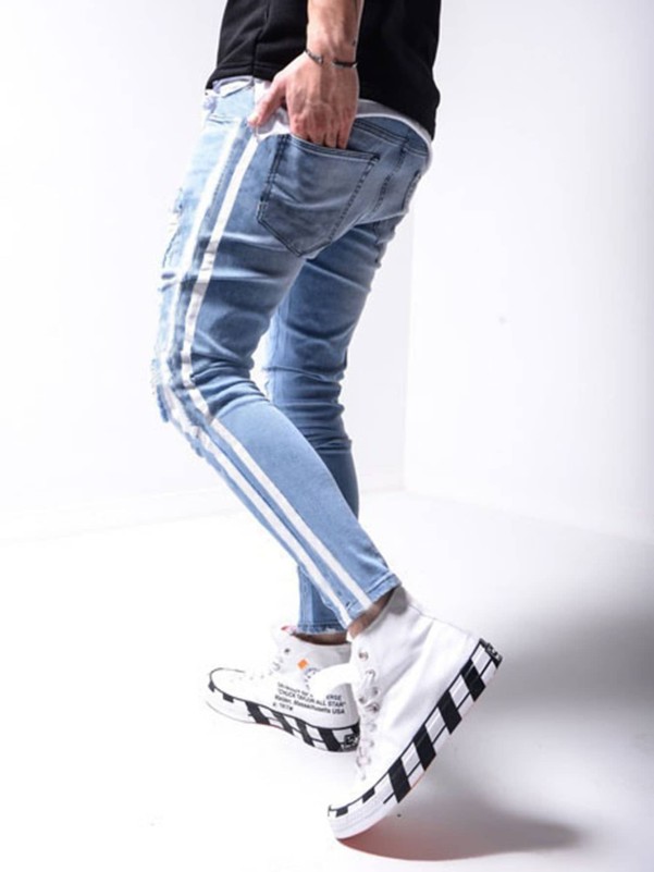 Mens skinny jeans with stripe down the on sale side