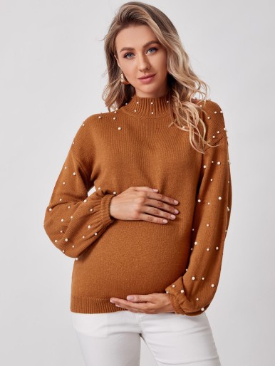 SHEIN Maternity Mock-neck Pearl Beaded Lantern Sleeve Sweater