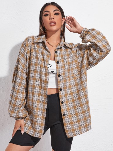 Drop Shoulder Button Front Tartan Oversized Blouse