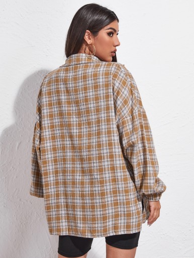 Drop Shoulder Button Front Tartan Oversized Blouse