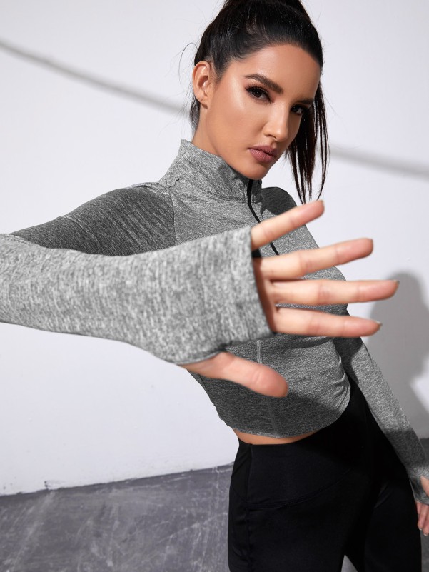 Quarter Zip Thumb Holes Crop Sports Sweatshirt