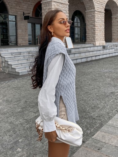 Cable Knit Split Hem Sweater Vest Without Blouse