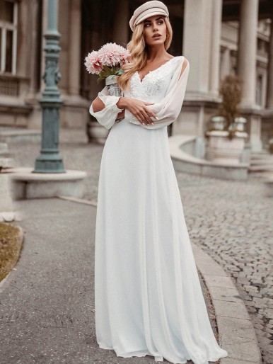 EVER-PRETTY Split Sleeve Sequin Applique Detail Chiffon Prom Dress