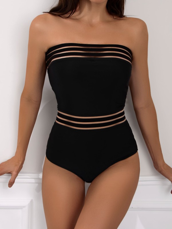 Contrast Mesh Bandeau One Piece Swimsuit