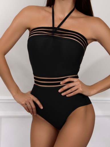 Contrast Mesh Bandeau One Piece Swimsuit