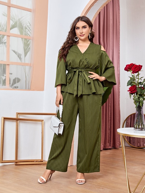 SHEIN Flounce Sleeve Peplum Top & Wide Leg Pants Set