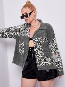 Plus Patch Pocket Leopard Denim Jacket