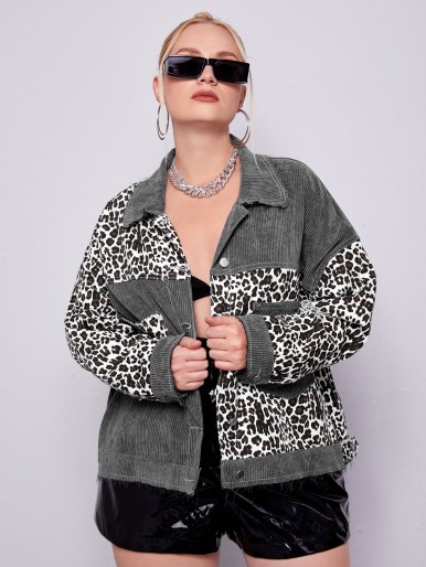 Plus Patch Pocket Leopard Denim Jacket