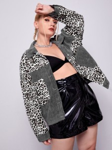 Plus Patch Pocket Leopard Denim Jacket