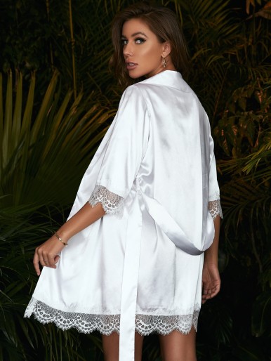 Lace Panel Belted Satin Robe