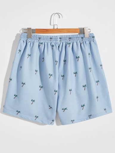 Men Trees Print Drawstring Waist Shorts