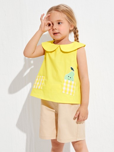 SHEIN Toddler Girls Peter-pan Collar Gingham Patch Pocket Cartoon Graphic Tank Top