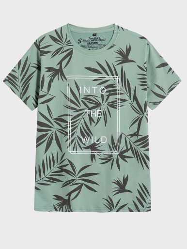 Men Slogan And Plants Print Tee