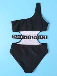 Girls Letter Tape Cut-out One Shoulder One Piece Swimsuit