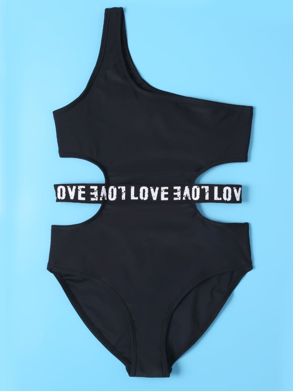 Girls Letter Tape Cut-out One Shoulder One Piece Swimsuit