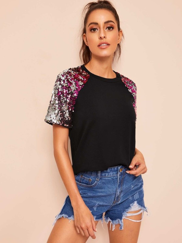 Contrast Sequins Raglan Sleeve Tee