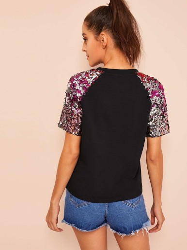 Contrast Sequins Raglan Sleeve Tee