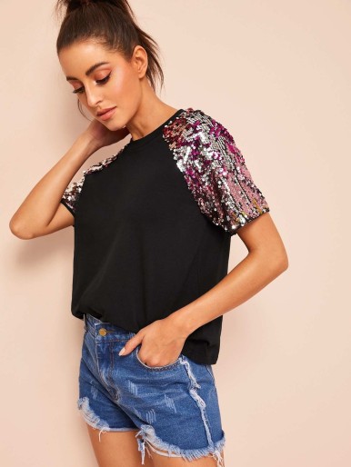 Contrast Sequins Raglan Sleeve Tee