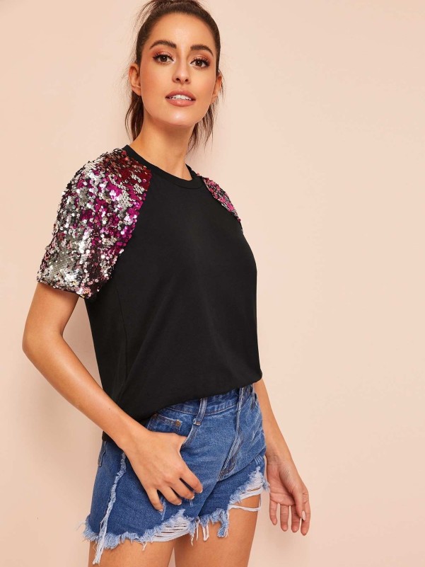 Contrast Sequins Raglan Sleeve Tee