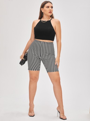 SHEIN Plus Houndstooth High Waist Biker Shorts