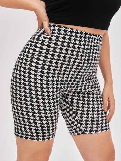 SHEIN Plus Houndstooth High Waist Biker Shorts