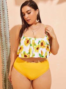 Plus Sunflower Flounce Top With High Waisted Bikini