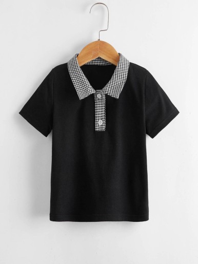 Toddler Boys Contrast Houndstooth Collar Polo Shirt