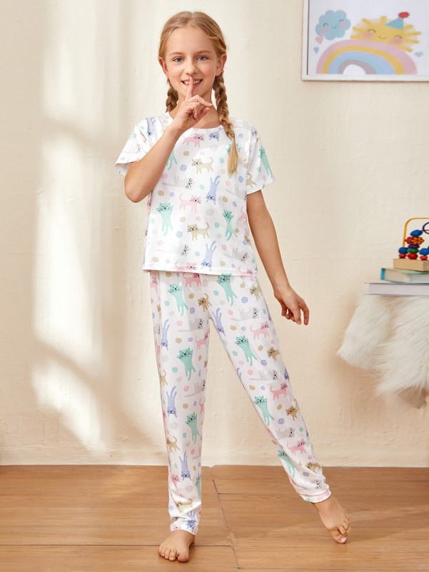 Girls Allover Cartoon Graphic PJ Set