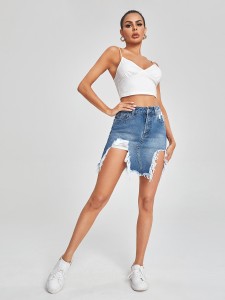 High Waist Ripped Asymmetrical Raw Hem Denim Skirt