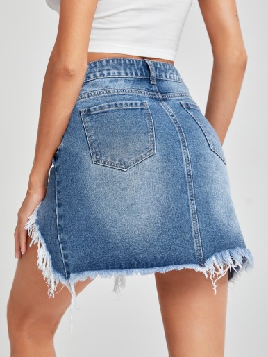 High Waist Ripped Asymmetrical Raw Hem Denim Skirt