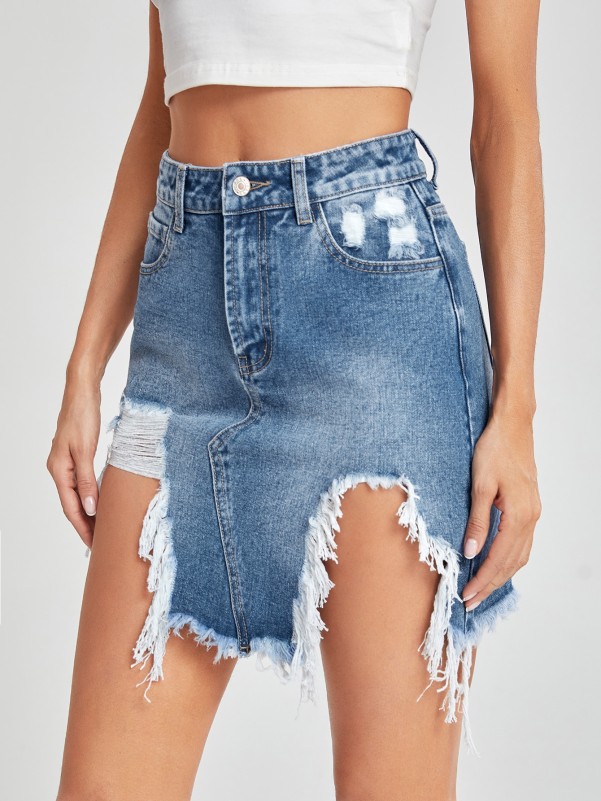 High Waist Ripped Asymmetrical Raw Hem Denim Skirt