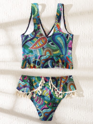 Paisley Print Tassel Trim Bikini Swimsuit