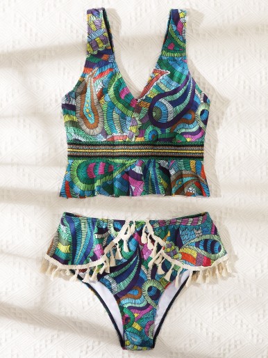 Paisley Print Tassel Trim Bikini Swimsuit