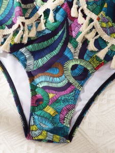 Paisley Print Tassel Trim Bikini Swimsuit