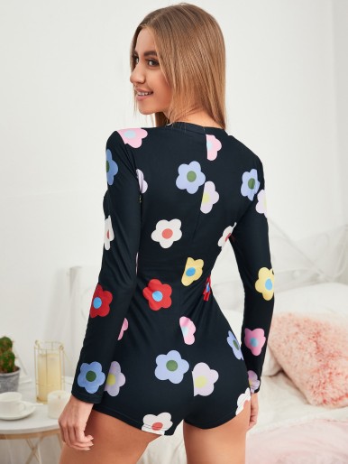 Floral Print Button Front Pajama Onesie