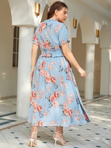 Plus Floral Peekaboo Shirred Frill A-line Dress