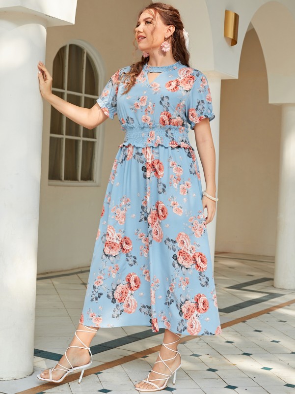 Plus Floral Peekaboo Shirred Frill A-line Dress