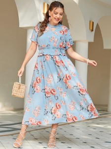 Plus Floral Peekaboo Shirred Frill A-line Dress