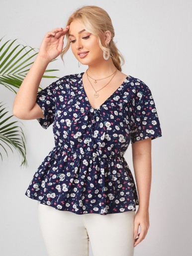 Plus Allover Floral Print Peplum Blouse