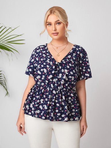 Plus Allover Floral Print Peplum Blouse